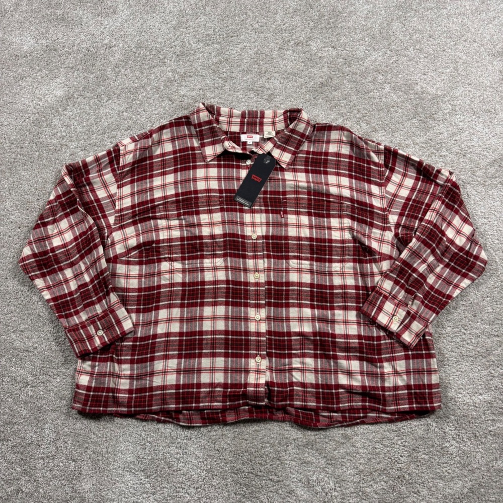 Levis Womens 3X Red Plaid Flannel Button Down Shirt New With Tags Red Cream